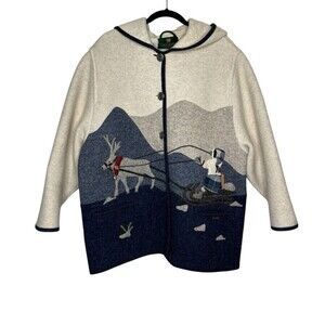 VTG GIESSWEIN Austria Wool Embroidered Scenic Snow Sled Deer Hooded Jacket Sz 14